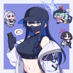 Rule 34 | 1boy, 4girls, arius squad (blue archive), atsuko (blue archive), baseball cap, black hair, black headwear, blue archive, blue eyes, blue hair, blue halo, breasts, cellphone, chan co, closed mouth, crop top, cup, doodle sensei (blue archive), drinking, drinking straw, food, french fries, hair over one eye, halo, hat, highres, hiyori (blue archive), holding, holding cup, holding phone, jacket, long hair, long sleeves, looking at viewer, mask, medium breasts, misaki (blue archive), mouth mask, multiple girls, navel, open mouth, phone, pink halo, purple eyes, purple hair, reading, saori (blue archive), sensei (blue archive), sitting, smartphone, smile, spoken blush, star (symbol), upper body, white jacket