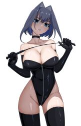 Rule 34 | 1girl, absurdres, black gloves, blue eyes, blue hair, bondage outfit, breasts, choker, daydarion, dominatrix, elbow gloves, empty eyes, gloves, hair intakes, highres, holding, holding riding crop, hololive, hololive english, large breasts, looking at viewer, open mouth, ouro kronii, riding crop, shaded face, shiny clothes, short hair, simple background, solo, thighhighs, virtual youtuber, white background