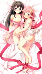 Rule 34 | 2girls, ass, ayase sayuki, babydoll, bare shoulders, barefoot, bed sheet, black hair, blue eyes, blush, bow, bow panties, braid, breasts, clothes lift, dress, dress lift, feet, flower, hair flower, hair ornament, hand on another&#039;s head, highres, kantoku, lingerie, long hair, lying, multiple girls, navel, nipple slip, nipples, no bra, no shoes, on back, on side, open mouth, panties, panty pull, parted lips, pink eyes, pink hair, pink panties, ribbon, scan, short hair, side braid, strap slip, thighhighs, thighs, tongue, underwear, white dress, white legwear, your diary, yua (your diary), yuri