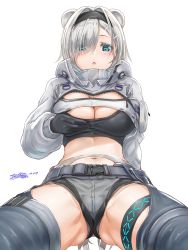 Rule 34 | 1girl, :o, animal ears, arknights, arm behind back, aurora (arknights), bear ears, belt, black gloves, black hairband, black legwear, blue eyes, blush, breast hold, breasts, cleavage, commentary request, dated, extra ears, eyes visible through hair, gloves, gluteal fold, grey hair, grey shorts, hair ornament, hair over one eye, hairband, hairclip, highres, infection monitor (arknights), large breasts, long sleeves, looking at viewer, navel, open mouth, short hair, short shorts, shorts, shrug (clothing), signature, solo, sports bra, stomach, thigh strap, thighlet, yukinoshiro