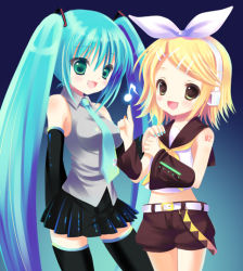 Rule 34 | 2girls, :d, aqua hair, aqua necktie, bare shoulders, belt, blonde hair, blush, breasts, brown eyes, buckle, collared shirt, cowboy shot, detached sleeves, futaba miwa, gradient background, hair ornament, hairclip, hatsune miku, headphones, kagamine rin, long hair, long sleeves, looking at viewer, multiple girls, musical note, necktie, open mouth, pleated skirt, quaver, shirt, short hair, simple background, skirt, small breasts, smile, standing, swept bangs, tareme, thighhighs, twintails, very long hair, vocaloid