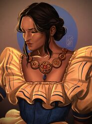 1girl artist_name az_(azperja) black_hair blue_dress closed_eyes dark-skinned_female dark_skin dragon_age dragon_age:_inquisition dress highres jewelry josephine_montilyet necklace signature solo two-tone_dress upper_body yellow_dress