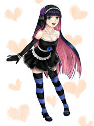 Rule 34 | 10s, 1girl, aqua eyes, bare shoulders, breasts, cleavage, colored inner hair, dress, elbow gloves, flower, formal, gloves, gothic lolita, heart, jewelry, leaning forward, lolita fashion, long hair, multicolored hair, necklace, open mouth, panty &amp; stocking with garterbelt, purple flower, purple rose, ribonchan, rose, shoes, solo, stocking (psg), strapless, striped clothes, striped thighhighs, thighhighs, two-tone hair, zettai ryouiki