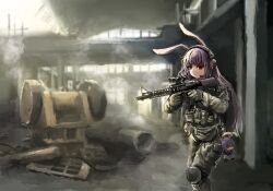 Rule 34 | 1girl, alternate costume, animal ears, closed mouth, commentary, fumo (doll), gun, headset, highres, holding, holding gun, holding weapon, knee pads, long hair, military uniform, pants, purple hair, rabbit ears, rabbit girl, reisen udongein inaba, touhou, uniform, weapon, zhuxie1264852
