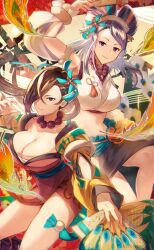 Rule 34 | 2girls, bare shoulders, bead necklace, beads, breasts, brown eyes, brown hair, cleavage, comb, crop top, detached sleeves, feathers, fire emblem, fire emblem fates, fire emblem heroes, hair ornament, hair over one eye, hairpods, hand fan, hand up, highres, holding, holding fan, japanese clothes, jewelry, kagero (fire emblem), kagero (winds offered) (fire emblem), kimono, large breasts, long hair, looking at viewer, mature female, midriff, multiple girls, navel, necklace, ninja, nintendo, official alternate costume, oh01861884, orochi (fire emblem), orochi (winds offered) (fire emblem), peacock feathers, pelvic curtain, pinwheel hair ornament, ponytail, purple eyes, purple hair, short kimono, side slit, smile, tassel, thighs