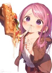 Rule 34 | + +, 1girl, aged down, blush, child, eating, eyelid piercing, female focus, food, from above, fur jacket, highres, holding, holding food, holding pizza, jacket, jewelry bonney, lipstick, long hair, looking at viewer, makeup, one piece, piercing, pink hair, pizza, pizza slice, purple eyes, ryota (ry o ta), shorts, simple background, solo, white background