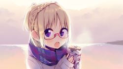Rule 34 | 1girl, baked potato, blonde hair, braid, eating, food, fuzuki fuuro, glasses, official art, olive! believe &quot;olive&quot;?, open mouth, purple eyes, roasted sweet potato, scarf, solo, sweet potato, tachibana chie, roasted sweet potato