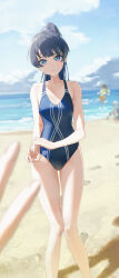 Rule 34 | 4girls, beach, blue eyes, blue hair, blue one-piece swimsuit, blurry, blurry background, blurry foreground, breasts, casual one-piece swimsuit, cleavage, closed mouth, cloud, commentary request, dark blue hair, day, feet out of frame, female pov, footprints, grey scrunchie, hair ornament, hair scrunchie, hand on own arm, high ponytail, highres, jacket, kachimachi kosuzu, link! like! love live!, long hair, looking at viewer, love live!, medium breasts, mole, mole on neck, moshi (0364p), multiple girls, murano sayaka, murano sayaka (swimsuit), nervous smile, official alternate costume, official alternate hairstyle, one-piece swimsuit, outdoors, ponytail, pov, pov hands, scrunchie, shadow, smile, solo focus, springsuit, swimsuit, virtual youtuber, yellow jacket, yugiri tsuzuri, yugiri tsuzuri (swimsuit)