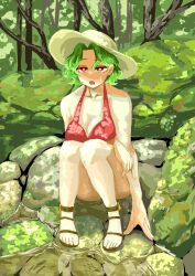 Rule 34 | 1girl, akachan0219, alternate costume, breasts, cleavage, commentary request, full body, green hair, highres, kazami yuuka, medium breasts, outdoors, red eyes, sandals, short hair, sitting, solo, touhou, tree