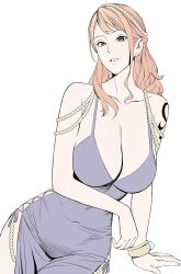 Rule 34 | 1girl, absurdres, alternate costume, breasts, cleavage, curvy, dress, hand on own hip, highres, large breasts, log pose, long dress, long hair, nami (one piece), nami (one piece) (post-timeskip), nami (one piece) (zou), official alternate costume, one piece, orange hair, purple dress, revealing clothes, shiny skin, short dress, shoulder tattoo, smile, tattoo, uukkaa, very long hair, white background, wide hips