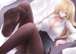 Rule 34 | 1girl, absurdres, azur lane, black choker, black skirt, blonde hair, breasts, brown pantyhose, choker, collared shirt, foot out of frame, foot up, high-waist skirt, highres, huge breasts, implacable (azur lane), implacable (shepherd of the &quot;lost&quot;) (azur lane), long hair, looking at viewer, lying, office lady, official alternate costume, on back, one eye closed, osatou (soul of sugar), pantyhose, partially unbuttoned, pencil skirt, see-through, see-through shirt, shirt, shirt tucked in, silhouette, skirt, solo