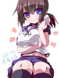Rule 34 | 10s, 1girl, 2017, alternate breast size, bad proportions, black hair, blue eyes, blush, breasts, dated, fubuki (kancolle), kantai collection, large breasts, looking at viewer, low ponytail, midriff, miuku (marine sapphire), pleated skirt, ponytail, school uniform, serafuku, sidelocks, simple background, skirt, smile, solo, white background