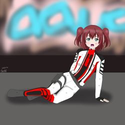 Rule 34 | 1girl, aqua eyes, artist name, belt, black gloves, blurry, blurry background, blush, breasts, female focus, fingerless gloves, formal, full body, gloves, green eyes, grey belt, grey footwear, hair between eyes, highres, kurosawa ruby, leopauldelr, long sleeves, looking at viewer, love live!, love live! sunshine!!, pants, parted lips, racer uniform, red hair, shoes, short hair, small breasts, smile, solo, suit, twintails, two side up, white pants, white suit