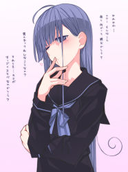 Rule 34 | 1girl, black shirt, blouse, blush, covering own mouth, gradient background, half-closed eyes, hand over own mouth, highres, kazami nobuko, long hair, looking at viewer, one eye closed, original, oteruko (wanabeee), pink background, purple eyes, purple hair, school uniform, serafuku, shirt, simple background, solo, translation request