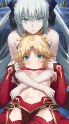 Rule 34 | 2girls, black bow, black panties, blonde hair, blush, bow, braid, breasts, detached sleeves, fate/grand order, fate (series), green eyes, hair bow, highres, hug, loincloth, looking at viewer, midriff, mordred (fate), morgan le fay (fate), mother and daughter, multiple girls, navel, panties, silver hair, small breasts, tonee, underboob, underwear