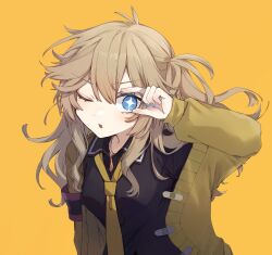 Rule 34 | + +, 1girl, black shirt, blonde hair, blue eyes, blue nails, breasts, cardigan, commentary request, finger to eye, gyaru, hand up, highres, jewelry, kasukabe tsumugi, long hair, long sleeves, looking at viewer, loose necktie, medium breasts, messy hair, mole, mole under eye, necktie, one eye closed, one side up, open cardigan, open clothes, open mouth, orange background, pendant, popped collar, purple armband, sayonaka megumo, shirt, simple background, solo, upper body, v-shaped eyebrows, voicevox, yellow cardigan, yellow necktie