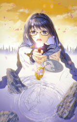 Rule 34 | 1girl, absurdres, aiming, aiming at viewer, akemi homura, bairenayou, black hair, black hairband, blue capelet, blue eyes, braid, bullet, capelet, chinese commentary, cloud, collared capelet, commentary request, crying, crying with eyes open, glasses, glowing, gun, hairband, highres, holding, holding gun, holding weapon, long hair, long sleeves, looking at viewer, mahou shoujo madoka magica, mahou shoujo madoka magica (anime), open mouth, outdoors, outstretched arms, own hands together, red-framed eyewear, ripples, rock, sad, semi-rimless eyewear, sky, skyline, solo, soul gem, straight-on, tears, twin braids, under-rim eyewear, unfinished, upper body, weapon, yellow sky