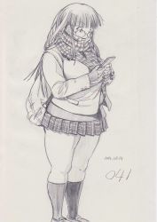 Rule 34 | 1girl, backpack, bag, breasts, cellphone, coat, comic, covered mouth, fat, glasses, kobayakawa horan, large breasts, loafers, long hair, long sleeves, miniskirt, monochrome, nekokami, original, phone, plaid, plaid skirt, pleated skirt, scarf, shoes, sketch, skindentation, skirt, sleeves past wrists, smartphone, solo, straight hair, sweater, tareme, thick thighs, thighs
