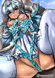 Rule 34 | 1girl, andromeda (p&amp;d), arms behind back, bad id, bad pixiv id, bare shoulders, bdsm, blue eyes, blue hair, blue sky, blush, bondage, bound, breasts, breasts out, chain, cloud, crying, dress, headpiece, highres, long hair, matching hair/eyes, nipples, no panties, partially visible vulva, pussy, puzzle &amp; dragons, rock, samoore, shiny skin, short dress, sky, solo, spread legs, tears, thighhighs, twitter username, white dress, white thighhighs