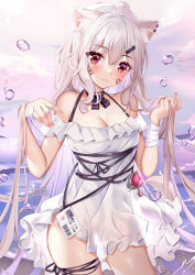 Rule 34 | 1girl, ahoge, animal ear fluff, animal ears, artist name, bandaged leg, bandages, bare shoulders, blush, breasts, cat ears, cleavage, collarbone, commentary request, dress, ear piercing, facial mark, frilled dress, frills, hair between eyes, hair ornament, hairclip, hands up, highres, holding, holding hair, horizon, indie virtual youtuber, long hair, looking at viewer, medium breasts, nail polish, ocean, off-shoulder dress, off shoulder, outdoors, parted lips, piercing, pink nails, red eyes, shyrei faolan, solo, squchan, very long hair, virtual youtuber, water, water drop, watermark, web address, whisker markings, white dress, white hair