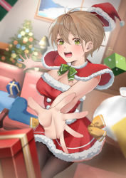 Rule 34 | 1girl, absurdres, blush, breasts, brown hair, chamaru5963, christmas, christmas tree, cleavage, dress, embarrassed, gift, green eyes, hat, highres, indoors, large breasts, open mouth, original, painting (object), pantyhose, ribbon, santa costume, santa hat, short hair, solo, tearing up, tears