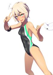 Rule 34 | 1girl, absurdres, black one-piece swimsuit, breasts, commentary request, competition swimsuit, feet out of frame, goggles, green eyes, highleg, highleg swimsuit, highres, m0nsoo00n, multicolored clothes, multicolored swimsuit, one-piece swimsuit, original, short hair, simple background, small breasts, smile, solo, swimsuit, tan, unworn goggles, unworn swim cap, v, white background, white hair