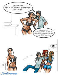 Rule 34 | 1boy, 3girls, antenna hair, arm support, artist name, ass, bare legs, bare shoulders, blue eyes, breast press, breasts, cleavage, curvy, desk, english text, grey hair, gym shirt, gym shorts, gym uniform, huge ass, jago dibuja, large breasts, lips, long hair, looking at another, looking at viewer, mila (living with hipstergirl and gamergirl), multiple girls, muscular, muscular female, navel, open mouth, original, ponytail, shiny skin, shirt, short shorts, shorts, speech bubble, thighs, wide hips