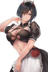 Rule 34 | 1girl, alternate costume, apron, azur lane, black hair, black skirt, breasts, cat ornament, cleavage, closed mouth, clothing cutout, crop top, detached collar, detached sleeves, enmaided, eyes visible through hair, frills, hair between eyes, hair ornament, hair over one eye, hand up, highres, horns, large breasts, liaowen, looking at viewer, maid, maid apron, maid headdress, midriff, multiple straps, navel, red horns, short hair, skirt, smile, solo, stomach, ulrich von hutten (azur lane), ulrich von hutten (mayhem maid) (azur lane), white apron, x hair ornament, yellow eyes