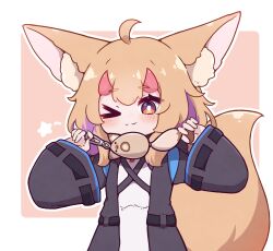 Rule 34 | &gt; o, 1girl, ;), ahoge, animal ear fluff, animal ears, arknights, black jacket, blush, brown background, brown eyes, closed mouth, commentary, crime prevention buzzer, doctor (arknights), dress, english commentary, fox ears, fox girl, fox tail, highres, holding, horns, jacket, kurotofu, light brown hair, long sleeves, looking at viewer, mochi-chan (kurotofu), multicolored hair, one eye closed, oni, oni horns, original, purple eyes, purple hair, short eyebrows, shukusei!! loli-gami requiem, sleeves past wrists, smile, solo, star (symbol), tail, thick eyebrows, two-tone background, two-tone hair, upper body, white background, white dress, wide sleeves