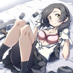 Rule 34 | 1girl, 547th sy, bed, bike shorts, black skirt, black socks, bra, breasts, dated, depth charge, gloves, grey hair, grey vest, hair ornament, hairclip, highres, kantai collection, kuroshio (kancolle), looking at viewer, lying, medium breasts, on back, on bed, open clothes, open shirt, pink bra, pleated skirt, shirt, short hair, shorts, shorts under skirt, skirt, smile, socks, solo, twitter username, underwear, vest, white gloves, white shirt, yellow eyes