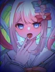 Rule 34 | 1girl, ame-chan (needy girl overdose), blue bow, blue eyes, blue hair, blue nails, bow, chouzetsusaikawa tenshi-chan, costume, drugs, eyelashes, facing viewer, glitch, green bow, heart, heart-shaped pupils, heart in eye, highres, ikukiri yuri, jacket, long sleeves, looking at viewer, multicolored background, multicolored hair, multicolored nails, nail polish, needy girl overdose, open mouth, pill, pink hair, pink nails, psychedelic, red bow, side ponytail, sidelocks, solo, symbol-shaped pupils, symbol in eye, tongue, twintails, upper body, white hair