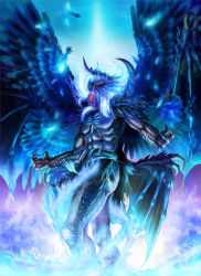 Rule 34 | 1boy, abs, blue fire, claws, commentary request, demon, demon boy, demon horns, demon wings, fallen angel, fantasy, feathers, fire, glowing, glowing eyes, glowing hair, horns, long hair, lucifer (megami tensei), male focus, multiple wings, red eyes, scales, shin megami tensei, sive, solo, spines, teeth, wings