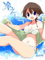 Rule 34 | 1girl, alternate costume, bikini, blue eyes, breasts, brown hair, cleavage, collarbone, commentary request, cowboy shot, flipped hair, frilled bikini, frills, green towel, hiei (kancolle), kanoe soushi, kantai collection, looking at viewer, medium breasts, navel, short hair, smile, solo, swimsuit, two-tone background, white bikini