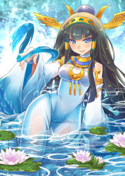 Rule 34 | 1girl, bare shoulders, black hair, blue eyes, bracelet, breasts, dress, egyptian, hair ornament, hair tubes, headdress, isis (p&amp;d), jewelry, katsuma rei, lily pad, lipstick, long hair, lots of jewelry, makeup, puzzle &amp; dragons, solo, water