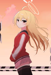 Rule 34 | 1girl, absurdres, ahoge, alternate hairstyle, blonde hair, blue archive, brown eyes, cloud, commentary request, evening, from side, gradient sky, hagoonha, hair between eyes, hair down, halo, highres, jacket, long hair, long sleeves, looking at viewer, miniskirt, orange sky, outdoors, pleated skirt, red jacket, school uniform, sidelocks, simple background, skirt, sky, smile, solo, thighhighs, track jacket, yoshimi (blue archive), zettai ryouiki