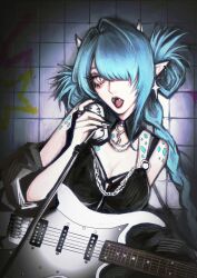 Rule 34 | 1girl, absurdres, aegyo sal, alternate costume, aqua hair, aqua scales, asymmetrical bangs, black camisole, black jacket, black nails, blunt bangs, braid, breasts, camisole, chain necklace, chinese commentary, cleavage, colored eyelashes, commentary, ear chain, earrings, electric guitar, eyelashes, fangs, fingernails, graffiti, guitar, hair intakes, hair over one eye, highres, holding, holding microphone stand, instrument, jacket, jewelry, long hair, medium breasts, microphone stand, multiple necklaces, music, nail polish, necklace, off shoulder, one eye covered, open mouth, path to nowhere, pointy ears, scales, serpent (path to nowhere), sharp fingernails, sidelocks, silver earrings, silver necklace, singing, slit pupils, small horns, solo, spotlight, star (symbol), star earrings, tile wall, tiles, twin braids, upper body, white eyes, white nails, yu zhezhe