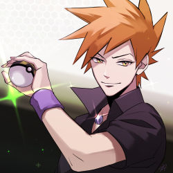 Rule 34 | 1boy, blue oak, closed mouth, collared shirt, creatures (company), game freak, glint, highres, holding, holding poke ball, jewelry, looking at viewer, male focus, necklace, nintendo, orange hair, poke ball, pokemon, pokemon frlg, shirt, short hair, signature, smile, solo, spiked hair, ultra ball, upper body, wristband, yori (ito haruki)