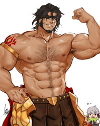 Rule 34 | 2boys, abs, armpit hair, armpits, bara, beard, biceps, black hair, character request, chest hair, chibi, chibi inset, copyright request, dark-skinned male, dark skin, eyepatch, facial hair, flexing, gomtang, hand on own hip, large pectorals, male focus, mature male, multiple boys, muscular, muscular male, navel, navel hair, nipples, pectorals, short hair, shoulder tattoo, smile, solo focus, stomach, tattoo, topless male