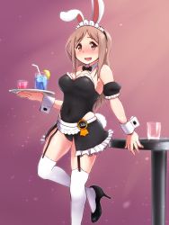 Rule 34 | 1girl, :d, aikawa chiho, animal ears, apron, bare shoulders, black bow, black bowtie, black footwear, black skirt, blush, bow, bowtie, breasts, brown eyes, brown hair, character name, cleavage, covered navel, cup, detached collar, detached sleeves, drink, drinking glass, drinking straw, eyebrows, fake animal ears, food, frilled skirt, frilled sleeves, frills, fruit, garter straps, gradient background, high heels, highres, hirame guard, ice, ice cube, leg up, lemon, lemon slice, leotard, long hair, looking at viewer, maid, maid headdress, matching hair/eyes, medium breasts, name tag, nose blush, open mouth, parted bangs, playboy bunny, puffy detached sleeves, puffy short sleeves, puffy sleeves, rabbit ears, rabbit girl, rabbit tail, shoes, short sleeves, skirt, smile, solo, sparkle, standing, standing on one leg, sweatdrop, table, tail, thighhighs, tray, waist apron, white thighhighs, wrist cuffs, yuyushiki