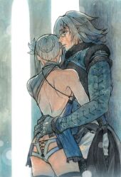 Rule 34 | 1boy, 1girl, ass, back, blue eyes, braid, closed mouth, coat, commentary, commentary request, english commentary, flower, gloves, grey hair, hair flower, hair ornament, highres, hug, kaine (nier), kyo okita, lingerie, long hair, medium hair, mixed-language commentary, nier, nier (series), nier (young), single bare shoulder, underwear