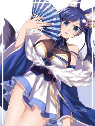Rule 34 | 1girl, animal ear fluff, animal ears, azur lane, blue background, blue hair, blush, bodysuit, breasts, cowboy shot, detached sleeves, dutch angle, flower, folding fan, fox ears, fox tail, fur scarf, gradient background, hair between eyes, hair flower, hair ornament, hand fan, holding, holding fan, jintsuu (azur lane), large breasts, looking at viewer, obi, open mouth, partial bodysuit, retrofit (azur lane), sash, semi-transparent, smile, solo, tail, white background, wide sleeves, yuumiko (user gkfc5432)