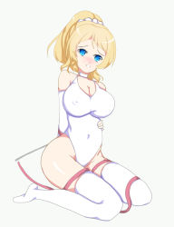 Rule 34 | 1girl, arm behind back, artist name, artist request, ayase eli, bare shoulders, blonde hair, blue eyes, blush, breasts, cleavage, female focus, full body, hair between eyes, hair ornament, hair scrunchie, halterneck, hand on own stomach, high ponytail, long hair, looking at viewer, love live!, love live! school idol project, medium breasts, one-piece swimsuit, parted lips, ponytail, scrunchie, short hair, sitting, smile, solo, stomach, swimsuit, teeth, white legwear, white one-piece swimsuit, white scrunchie, worried