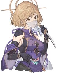 Rule 34 | 1girl, black gloves, breasts, brown eyes, brown hair, dagger, detached sleeves, djeeta (granblue fantasy), dress, elbow gloves, gloves, granblue fantasy, halo, hashibiro kou (garapiko p), high collar, highres, holding, holding dagger, holding knife, holding weapon, impossible clothes, knife, looking at viewer, mouth veil, onmyoji (granblue fantasy), open mouth, purple dress, see-through, see-through veil, short hair, simple background, single bare shoulder, sleeveless, sleeveless dress, small breasts, solo, upper body, veil, weapon, white background