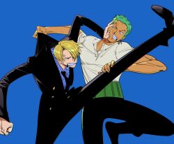 Rule 34 | 2boys, absurdres, black pants, blonde hair, blue background, clenched hand, clenched teeth, clothes grab, dr11ge, earrings, facial hair, fighting, formal, green hair, hair over one eye, haramaki, highres, jewelry, long sleeves, male focus, multiple boys, necktie, one piece, pants, pushing, pushing away, pushing face, roronoa zoro, sanji (one piece), shirt, short hair, short sleeves, suit, teeth, white shirt