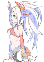 Rule 34 | 1girl, arm warmers, armlet, bare shoulders, belt, bracer, breasts, choker, circlet, cowboy shot, criss-cross halter, echidna (p&amp;d), enkyo yuuichirou, green eyes, hair up, halterneck, headdress, holding, holding weapon, jewelry, long hair, lots of jewelry, midriff, monster girl, navel, parted lips, puzzle &amp; dragons, sideboob, simple background, snake tail, solo, tail, underboob, very long hair, weapon, white background, white hair