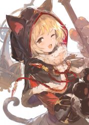 Rule 34 | 1girl, :3, alchemaniac, animal hands, animal hood, black capelet, blonde hair, brown eyes, capelet, cat hood, cat tail, djeeta (granblue fantasy), gloves, granblue fantasy, highres, holding, hood, hood up, hooded capelet, looking at viewer, nekomancer (granblue fantasy), one eye closed, paw gloves, short hair, smile, solo, tail