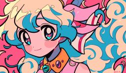 Rule 34 | 1girl, aqua eyes, artist name, blue hair, blush, chueog, closed mouth, dot nose, floating hair, highres, long hair, looking at viewer, multicolored hair, nia teppelin, pink background, pink pupils, pink shirt, portrait, shirt, sleeveless, smile, solo, symbol-shaped pupils, tengen toppa gurren lagann, three quarter view, two-tone hair, white hair, wing collar, yellow collar