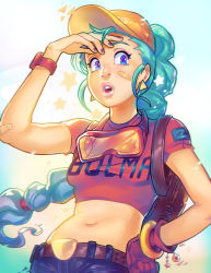 Rule 34 | 1girl, asia kendrick-horton, backpack, bag, bandaid, belt, blue hair, bracelet, braid, braided ponytail, bulma, crop top, dragon ball, earrings, goggles, goggles around neck, hand on own hip, jewelry, looking at viewer, midriff, nail polish, navel, open mouth, ponytail, single glove, solo, stomach, upper body, watch, wristwatch