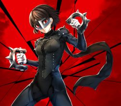 Rule 34 | 10s, 1girl, armor, braid, brass knuckles, brown hair, corset, crack, crown braid, highres, infinote, mask, niijima makoto, persona, persona 5, red background, red eyes, short hair, shoulder armor, solo, pauldrons, weapon