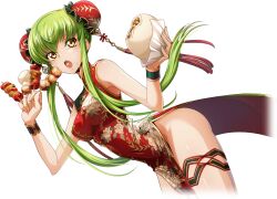 Rule 34 | 1girl, artist request, baozi, bare shoulders, between fingers, breasts, bun cover, c.c., china dress, chinese clothes, code geass, code geass: lost stories, covered navel, cowboy shot, cropped legs, double bun, dress, eating, female focus, floral print dress, food, food bite, food on face, game cg, gold trim, green hair, hair bun, hands up, highres, holding, holding food, long hair, looking at viewer, meat, medium breasts, no panties, non-web source, official art, open mouth, pelvic curtain, red dress, shiny skin, side slit, sidelocks, simple background, skewer, sleeveless, sleeveless dress, solo, standing, tassel, teeth, thigh strap, thighs, transparent background, very long hair, wrist cuffs, yellow eyes